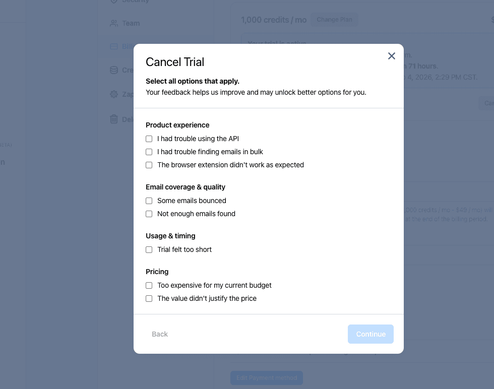 Anymail Finder cancellation flow showing persona-based save offers