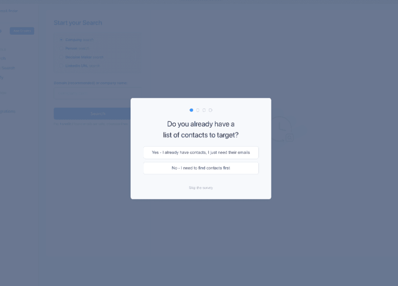 Anymail Finder onboarding flow showing clear first-win path