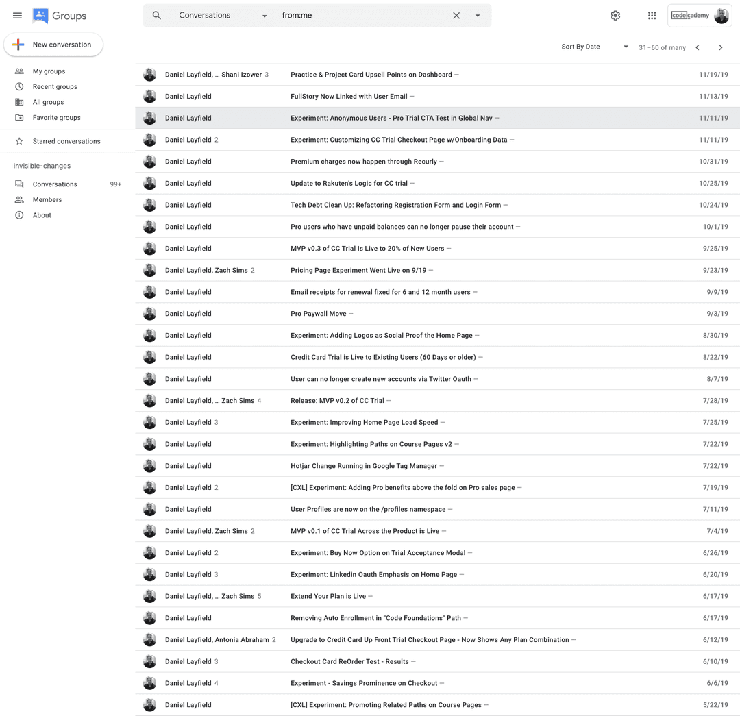 A scrolling list of internal launch announcements from Codecademy's growth team — pricing tests, checkout monitoring, PayPal flows, plan modals, dunning improvements, multi-currency support, anonymous trial experiments