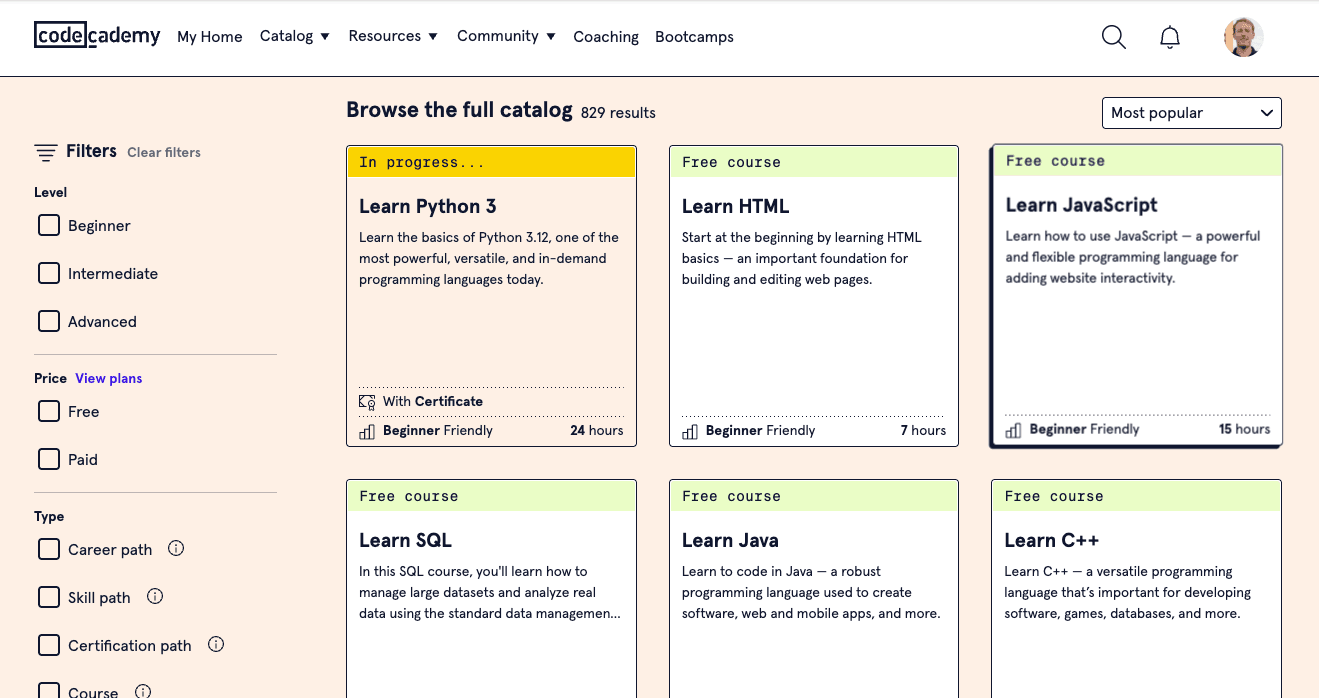 Codecademy course catalog page — ‘Browse the full catalog’ with course cards for Learn Python 3, Learn HTML, Learn JavaScript, Learn SQL, Learn Java, and Learn C++