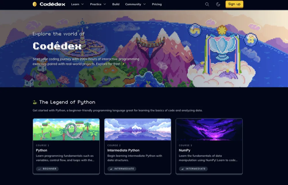 Codédex homepage showing pixel art world map