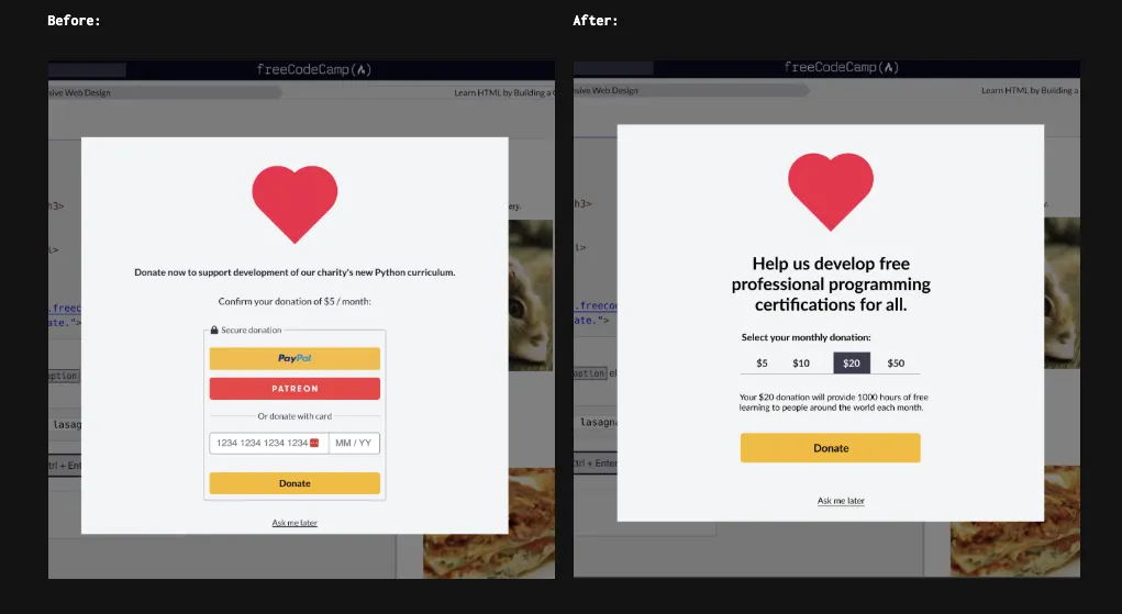 Before and after comparison of freeCodeCamp donation modal showing clearer options and impact messaging