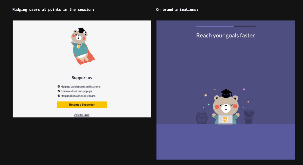 freeCodeCamp donation nudges showing on-brand animations and session timing