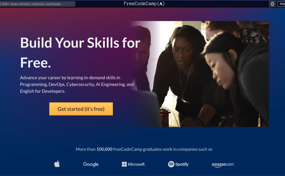 freeCodeCamp homepage showing learners collaborating