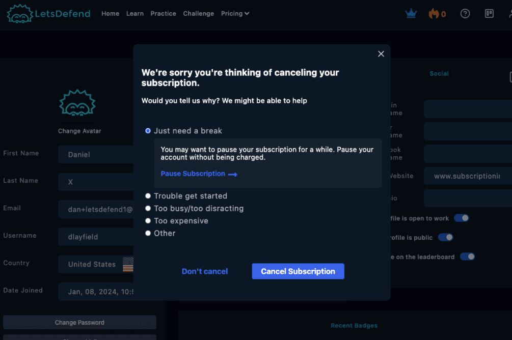 LetsDefend cancellation modal asking why users are leaving and offering a pause as a save lever