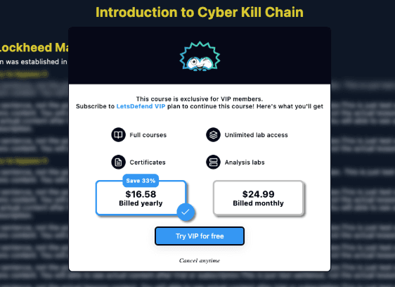 LetsDefend course-locked paywall offering the VIP plan with annual savings and a Try VIP for Free CTA