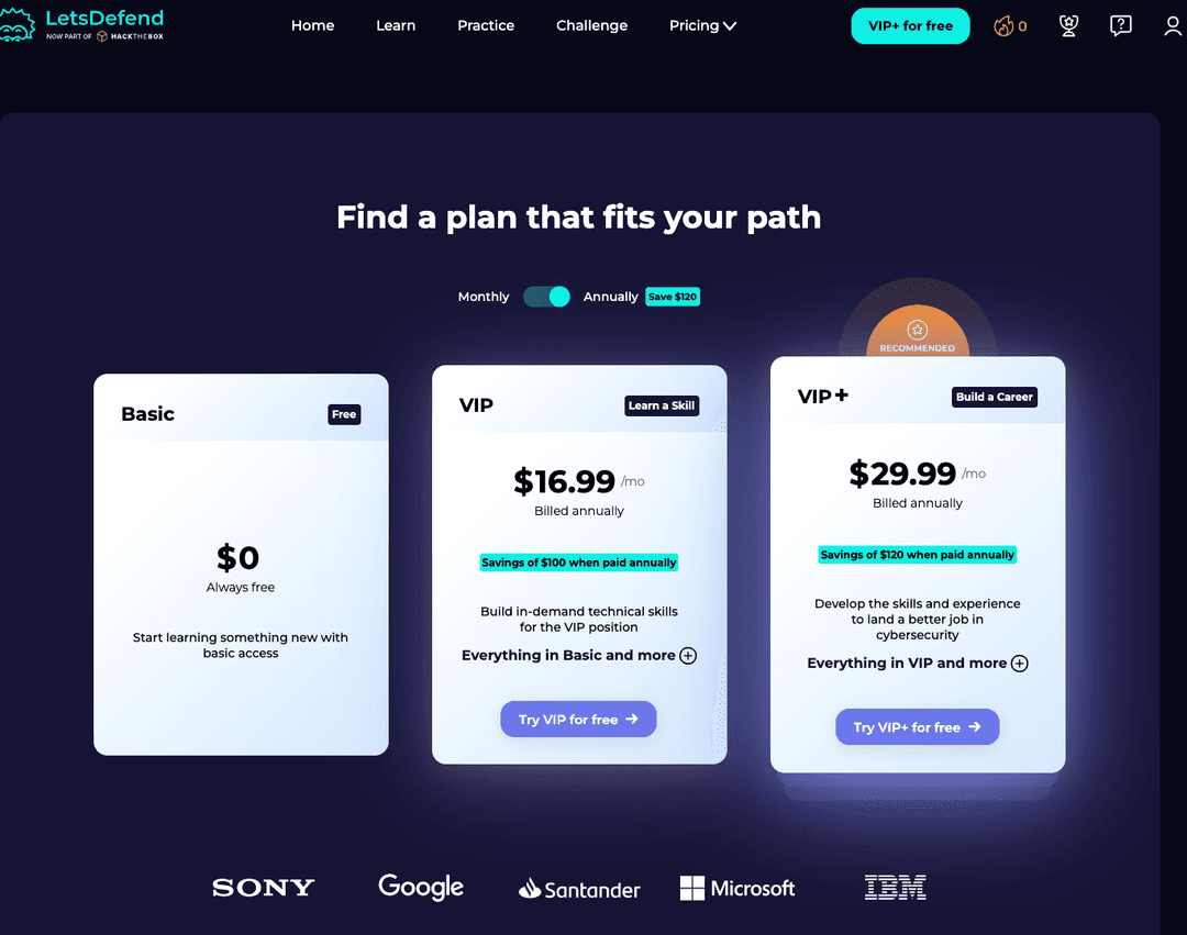 LetsDefend pricing page showing Basic, VIP, and VIP+ tiers with a monthly/annual toggle and annual savings highlighted