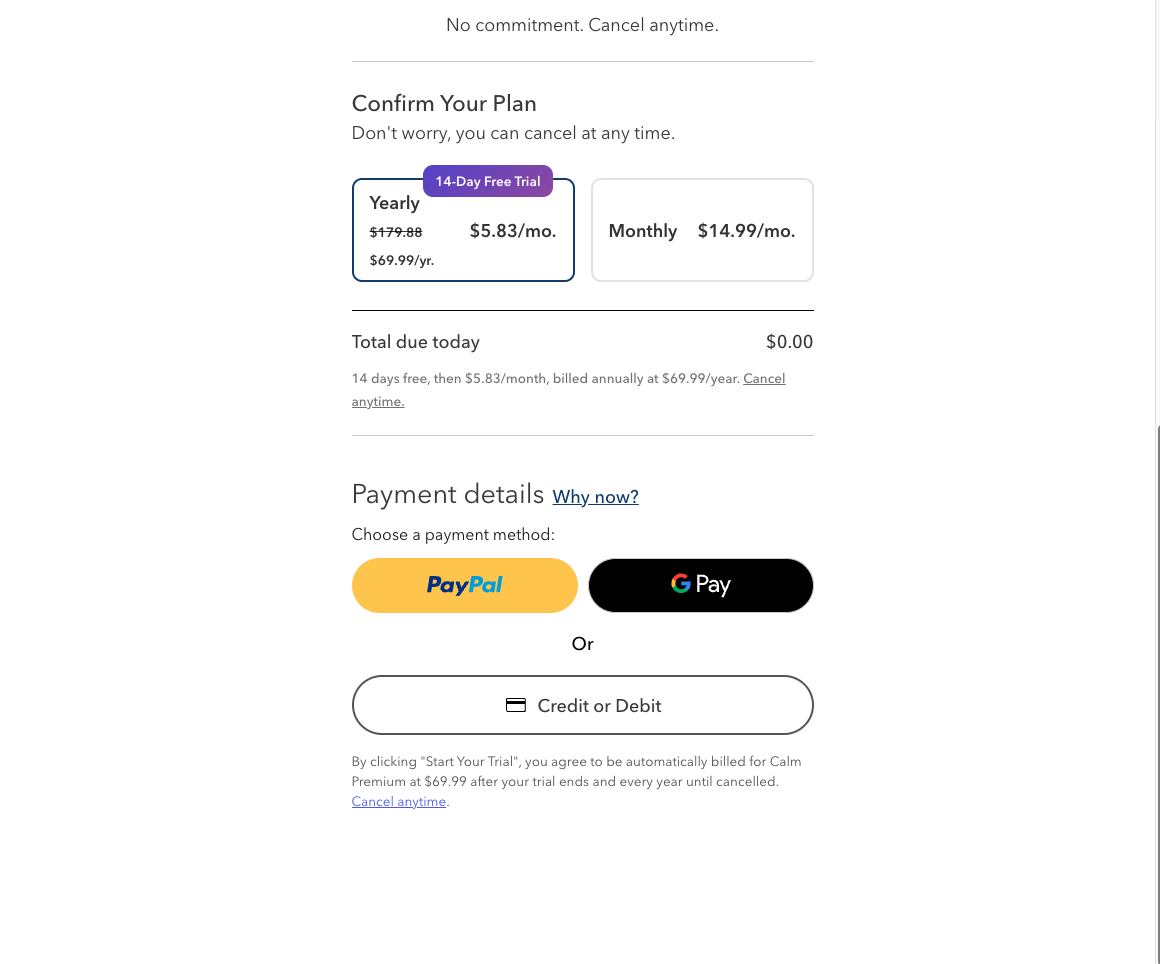 Calm's pricing page showing the Premium plan price and trial structure with a slightly different framing than Headspace