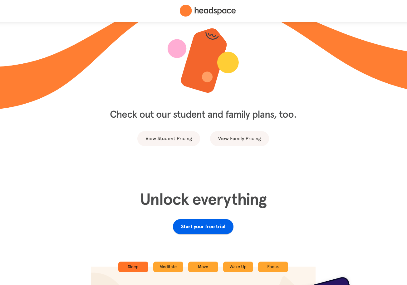 Headspace's pricing page leading with the 7-day free trial and an annual plan pre-selected at $69.99/year