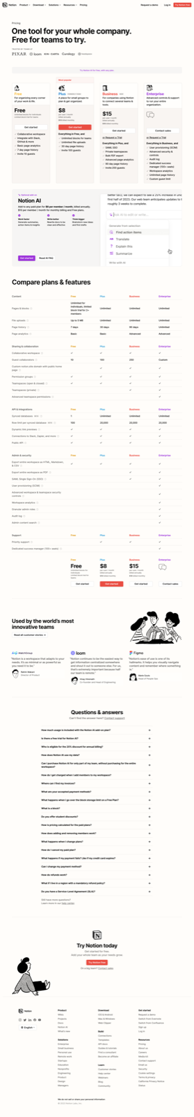 Notion's pricing page with the Free, Plus, Business, and Enterprise tiers laid out and feature gating that drives reverse-trial upgrades