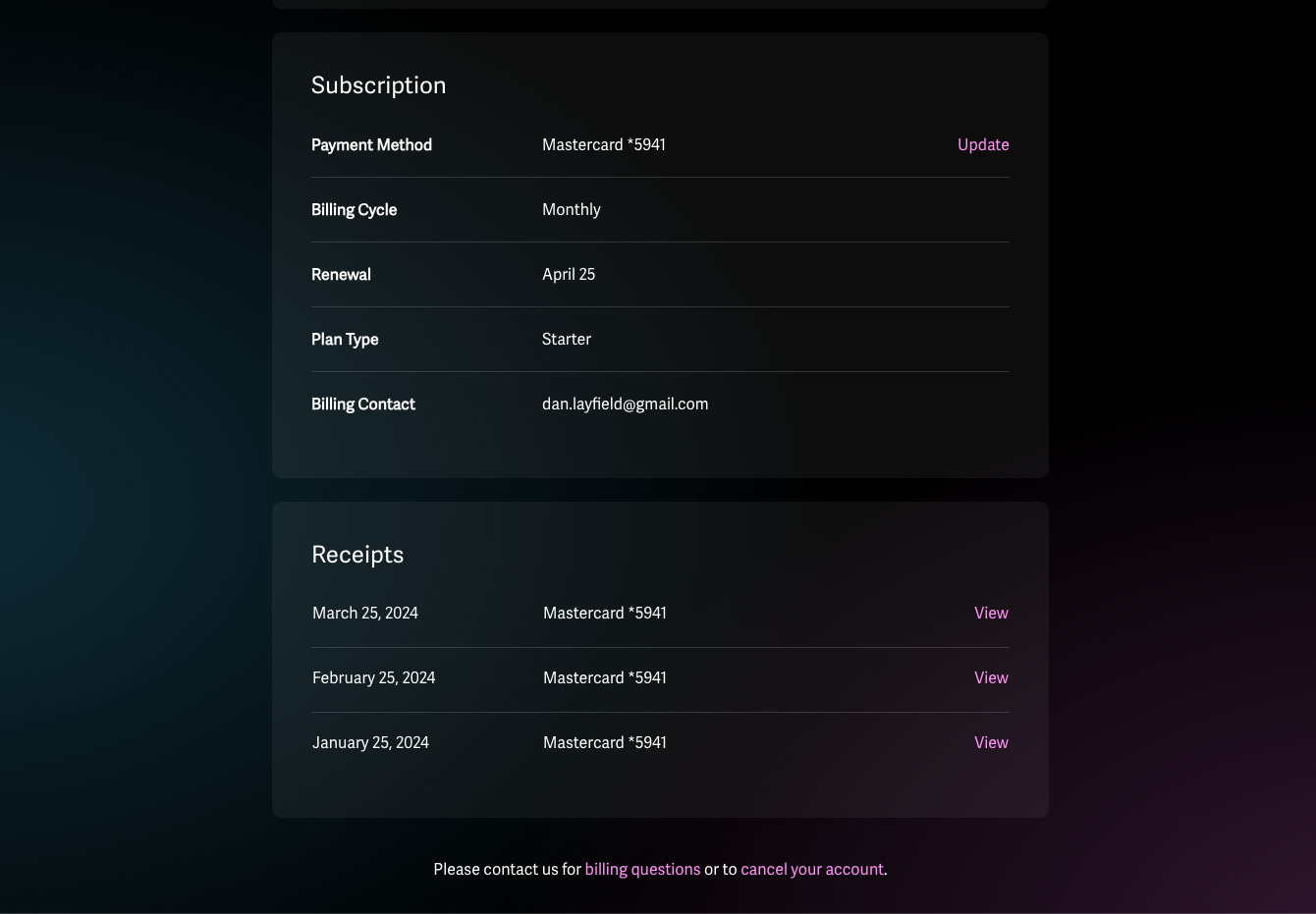 Superhuman's subscription billing settings showing the $30/month plan price — the high ACV that justifies their white-glove trial economics
