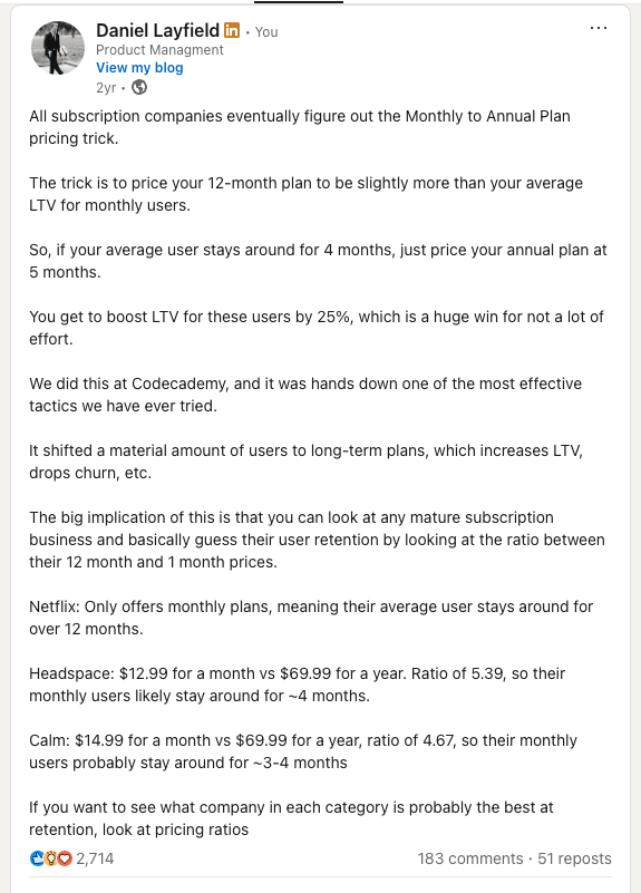 Dan Layfield's LinkedIn post on the annual pricing ratio framework — 2,714 likes