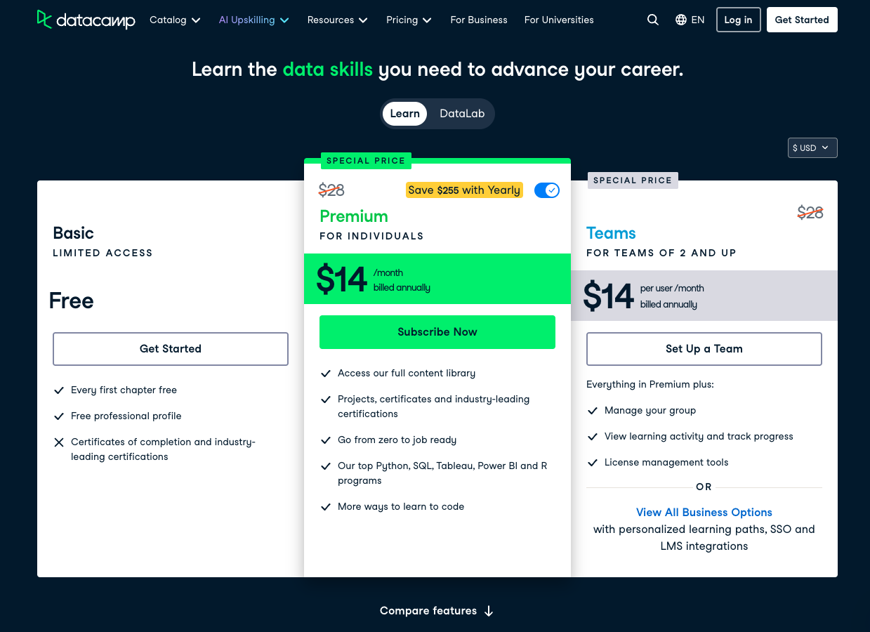 DataCamp pricing page — $28/month vs $14/month billed annually, with