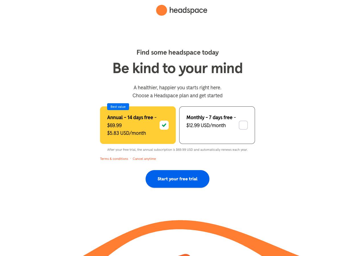 Headspace pricing page showing annual ($69.99/yr) vs monthly ($12.99/mo) plans — annual pre-selected as