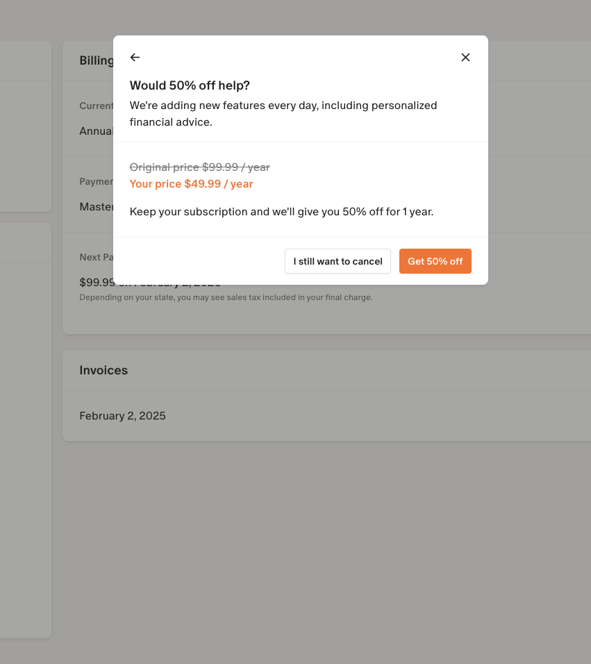 A generic cancellation save offer presenting 50% off the next month as a flat discount with no exit-reason segmentation