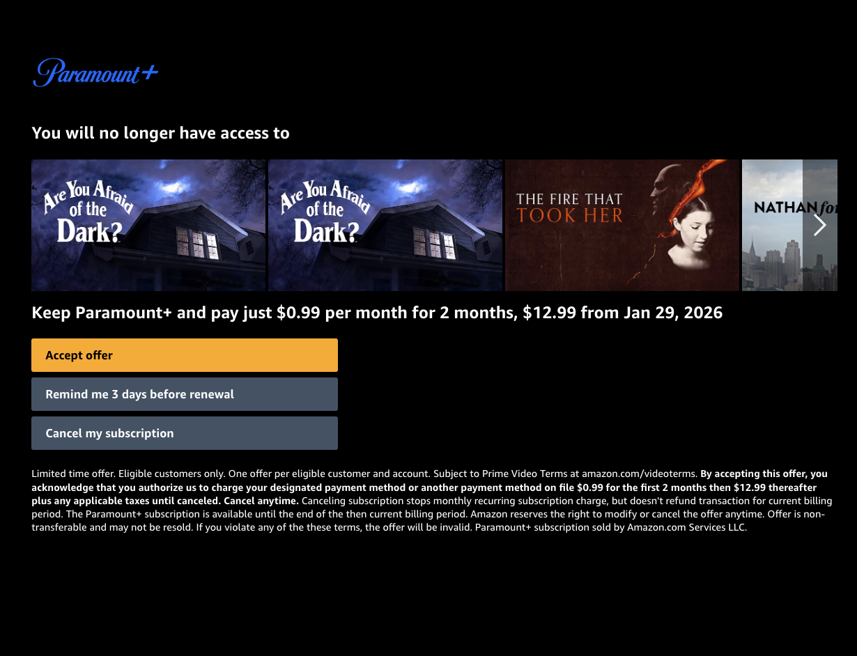 Paramount+'s save offer presenting a one-month Premium plan at 99 cents as an alternative to cancellation