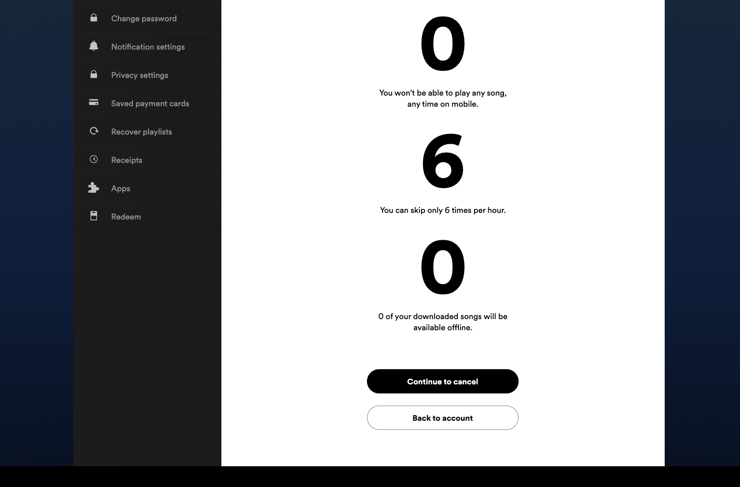 Spotify's cancellation save flow listing the Premium features the subscriber will lose if they cancel
