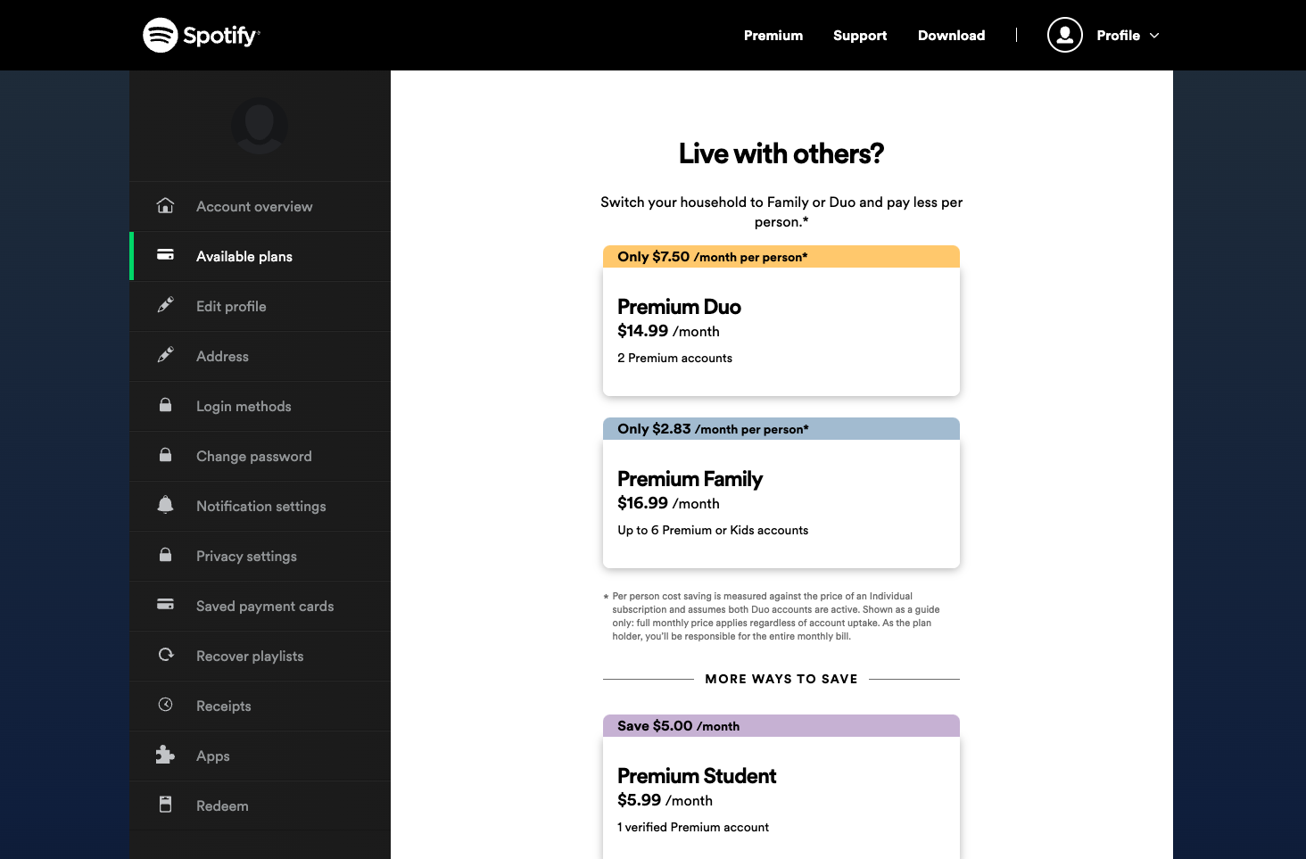Spotify's cancellation save flow offering plan-switch alternatives before allowing the user to confirm cancellation