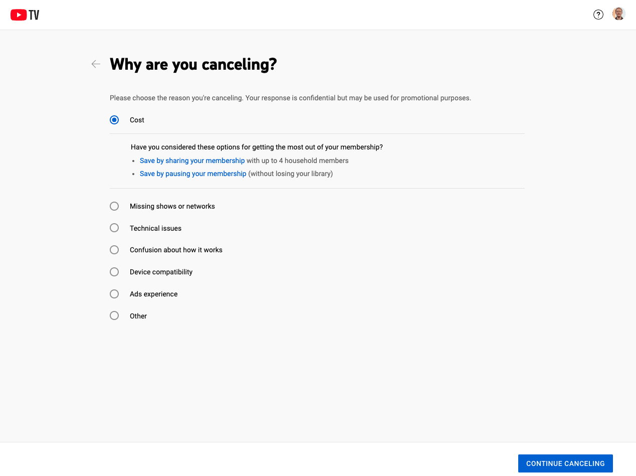 YouTube TV's cancellation flow asking the subscriber to select a reason for cancelling — cost, missing channels, technical issues, or other